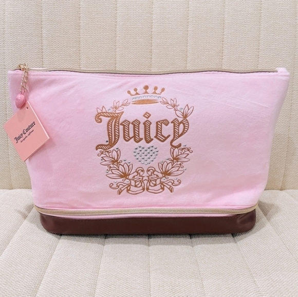 🔹️Juicy Coutur🔹️e Baby Pink Brown Multi Compartment Heritage Y2K Makeup Bag - Picture 1 of 4